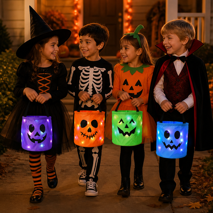 LED Halloween Trick-or-Treat Candy Bucket – Reusable Light-Up Tote Bag
