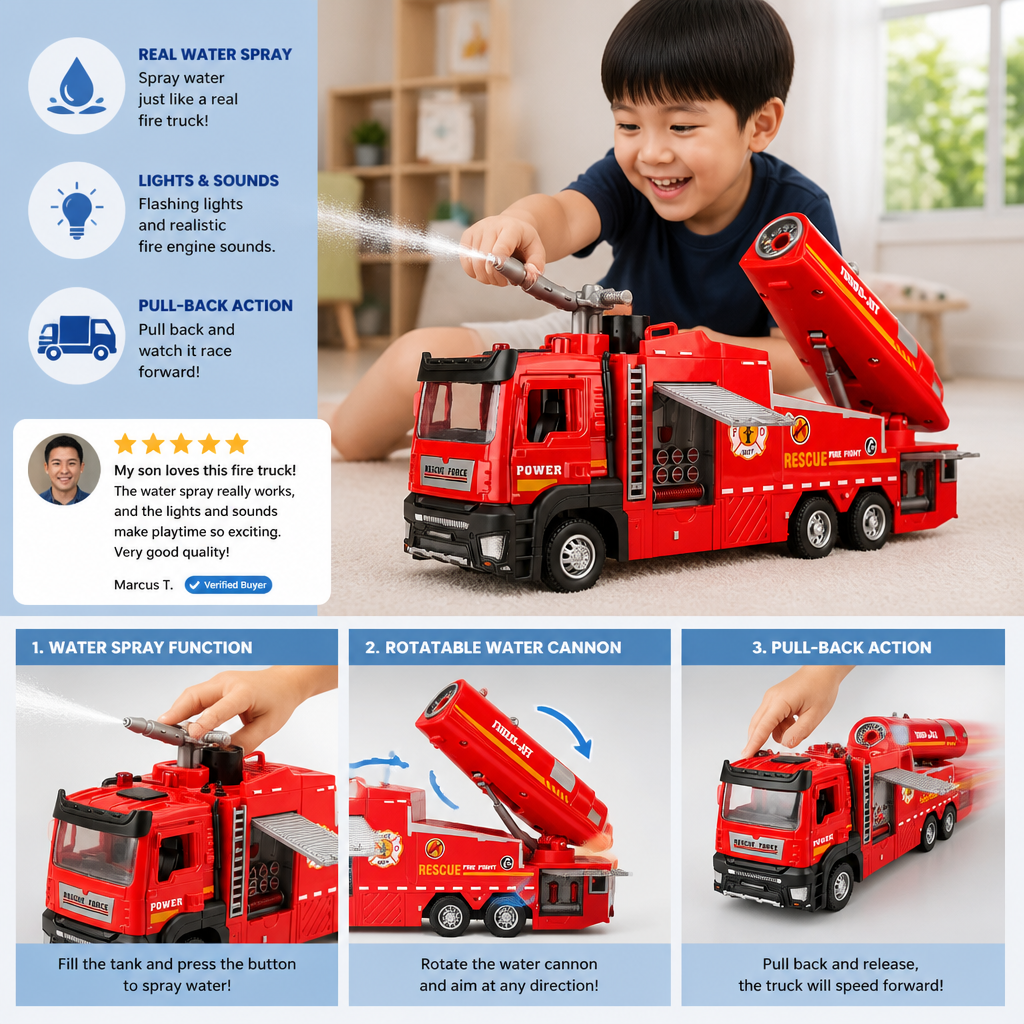 Pull-Back Fire Truck Toy with Water Spray, Lights & Sounds