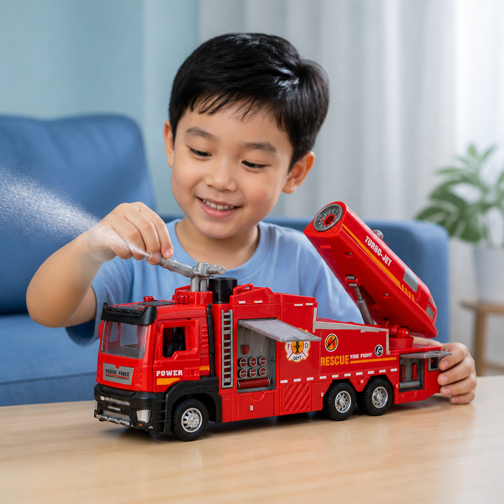 Pull-Back Fire Truck Toy with Water Spray, Lights & Sounds
