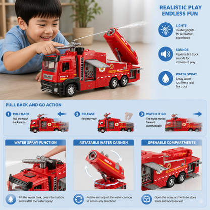 Pull-Back Fire Truck Toy with Water Spray, Lights & Sounds