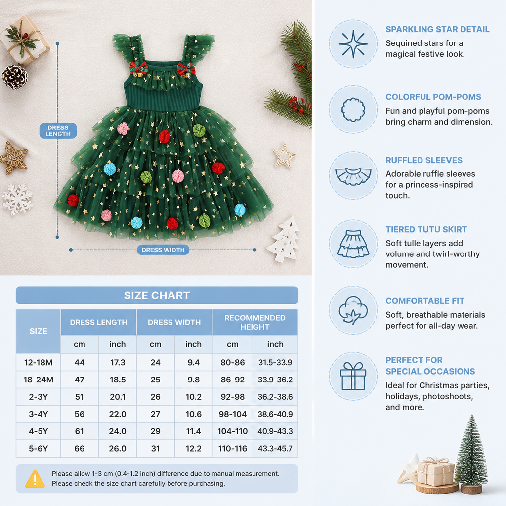 Girls’ Christmas Tutu Dress with Pom-Poms, Sequin Stars & Ruffled Sleeves