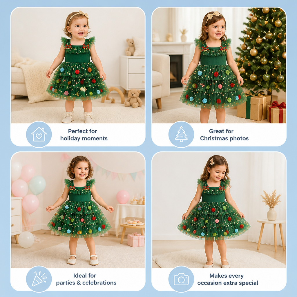 Girls’ Christmas Tutu Dress with Pom-Poms, Sequin Stars & Ruffled Sleeves