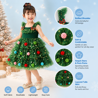 Girls’ Christmas Tutu Dress with Pom-Poms, Sequin Stars & Ruffled Sleeves