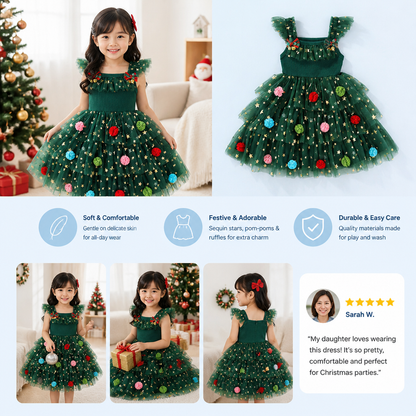 Girls’ Christmas Tutu Dress with Pom-Poms, Sequin Stars & Ruffled Sleeves