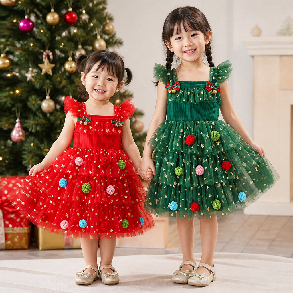 Girls’ Christmas Tutu Dress with Pom-Poms, Sequin Stars & Ruffled Sleeves