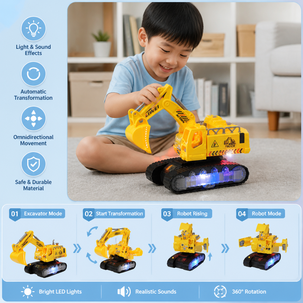 Electric Transforming Robot Excavator Toy with Lights & Sounds