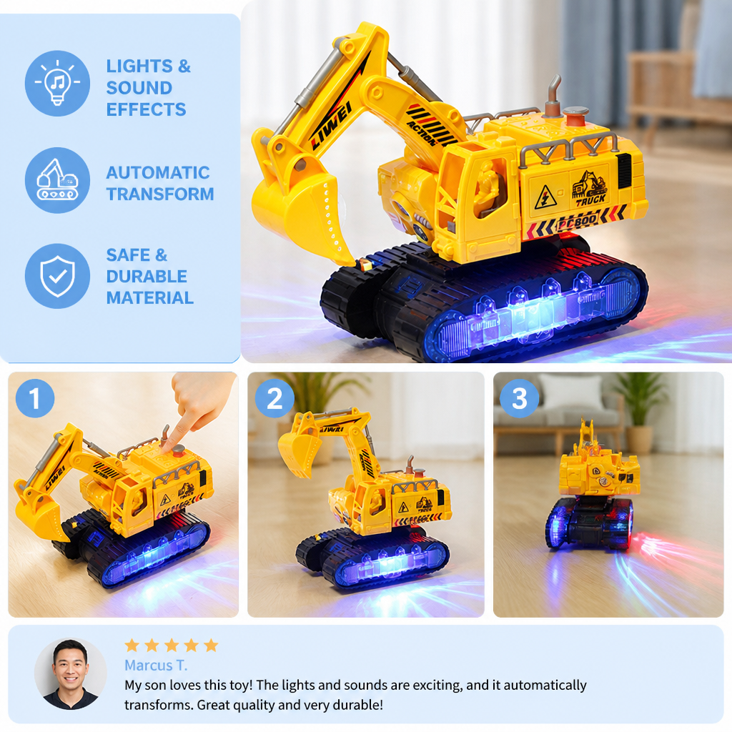 Electric Transforming Robot Excavator Toy with Lights & Sounds