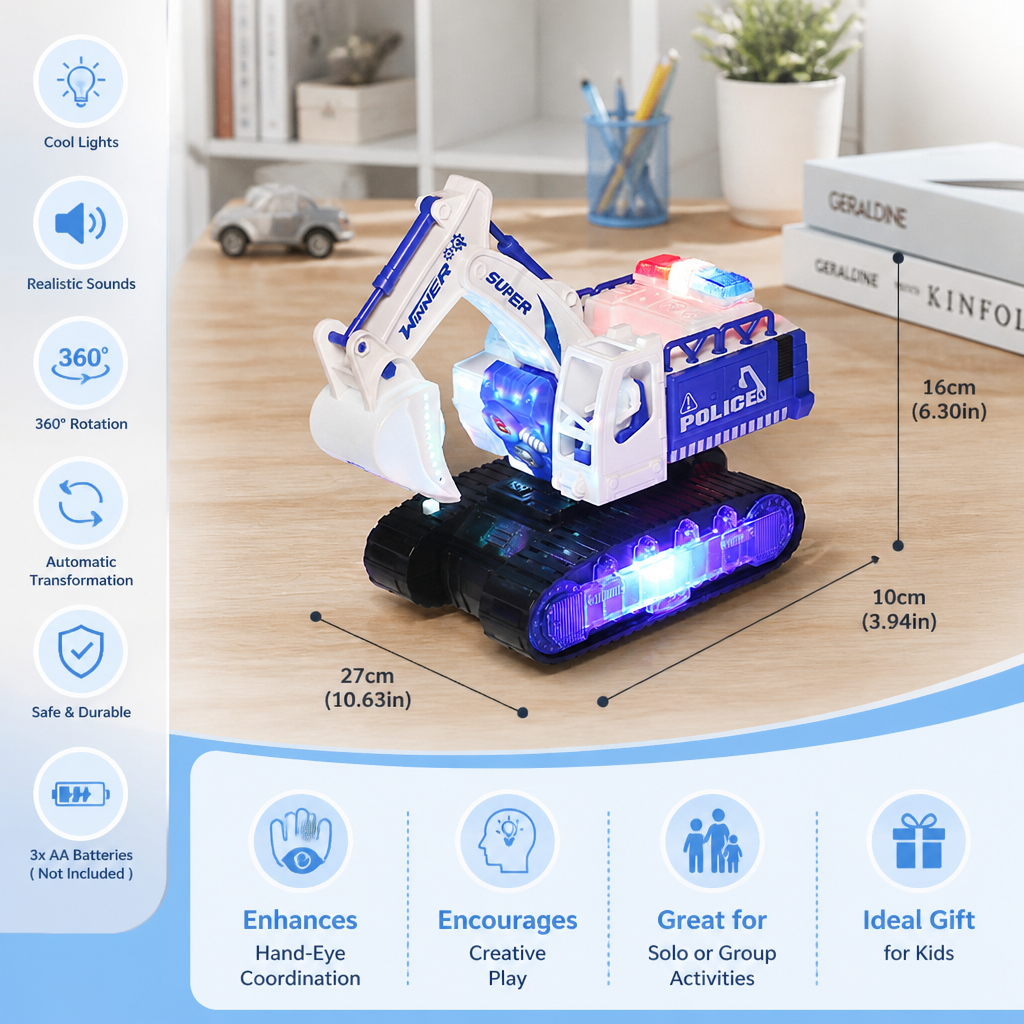 Transforming Police Robot Excavator Toy with Lights & Sounds