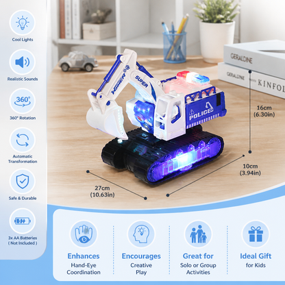 Transforming Police Robot Excavator Toy with Lights & Sounds