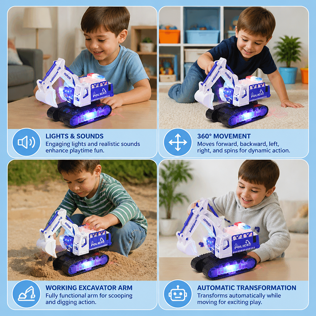 Transforming Police Robot Excavator Toy with Lights & Sounds
