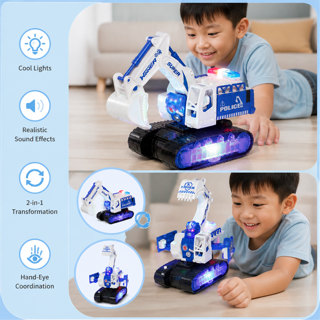 Transforming Police Robot Excavator Toy with Lights & Sounds