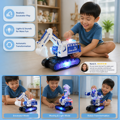 Transforming Police Robot Excavator Toy with Lights & Sounds