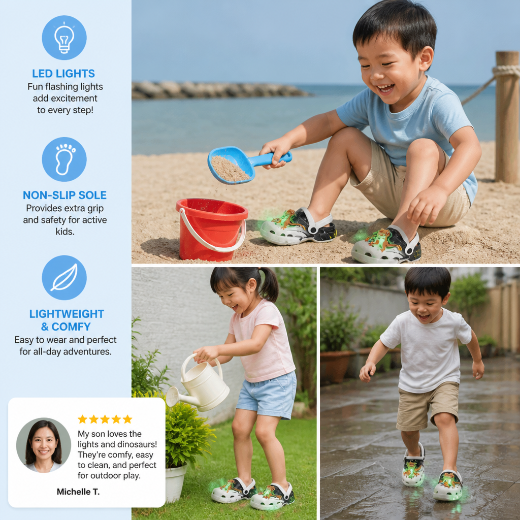 Kids’ LED Dinosaur Clogs – Light-Up Non-Slip Summer Garden & Beach Shoes
