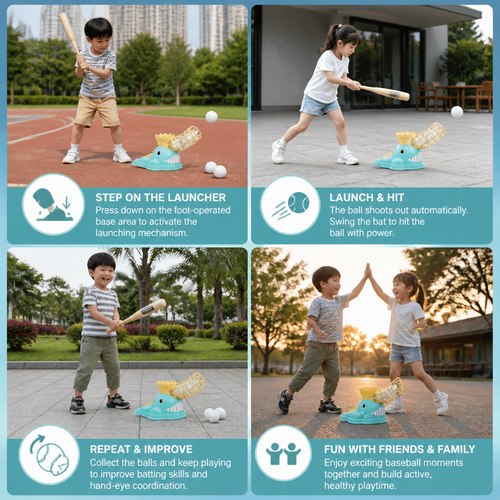 Step-On Baseball Pitching Machine with Bat & Balls for Kids