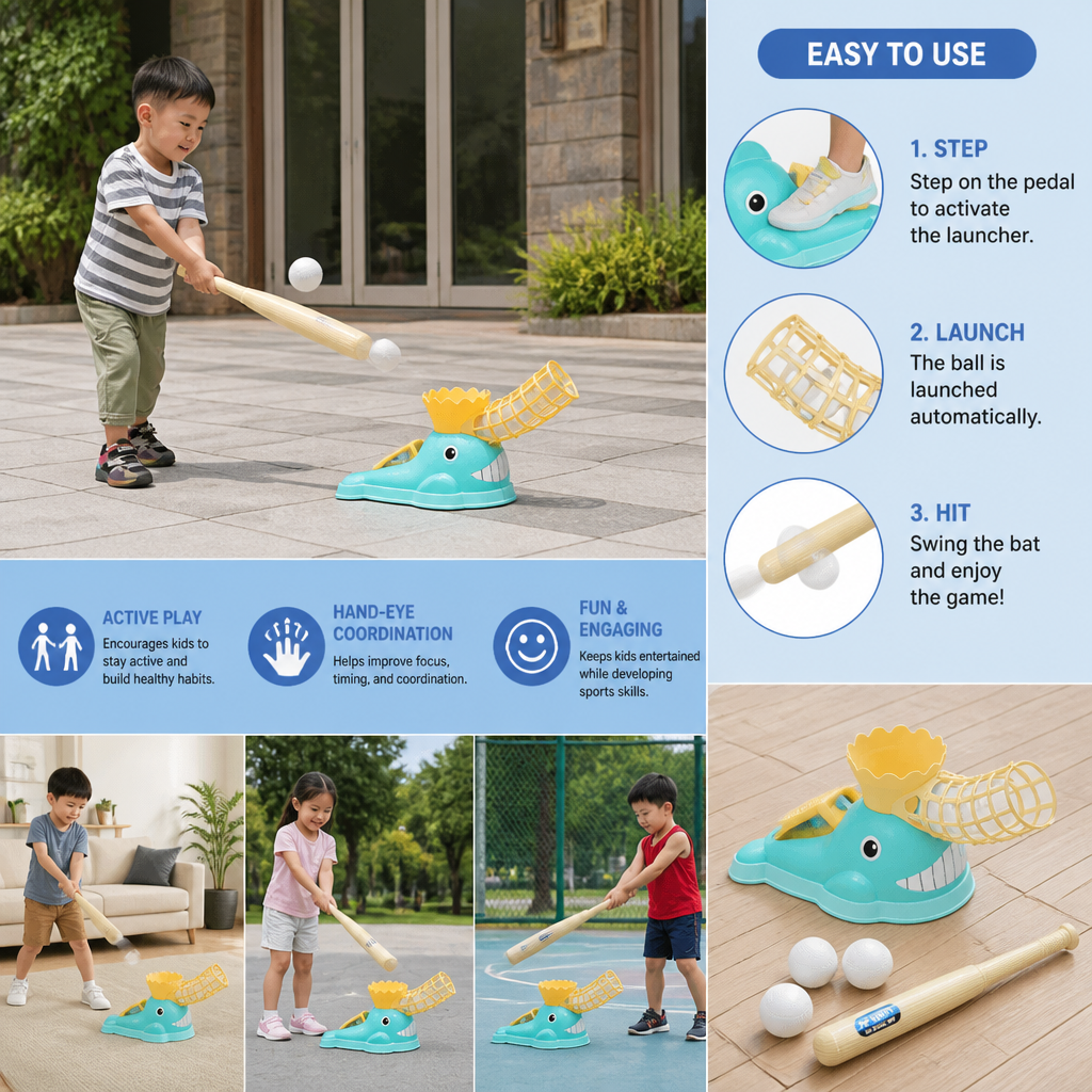 Step-On Baseball Pitching Machine with Bat & Balls for Kids