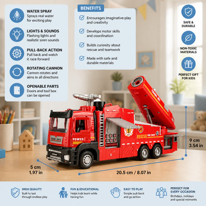 Pull-Back Fire Truck Toy with Water Spray, Lights & Sounds