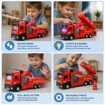 Pull-Back Fire Truck Toy with Water Spray, Lights & Sounds