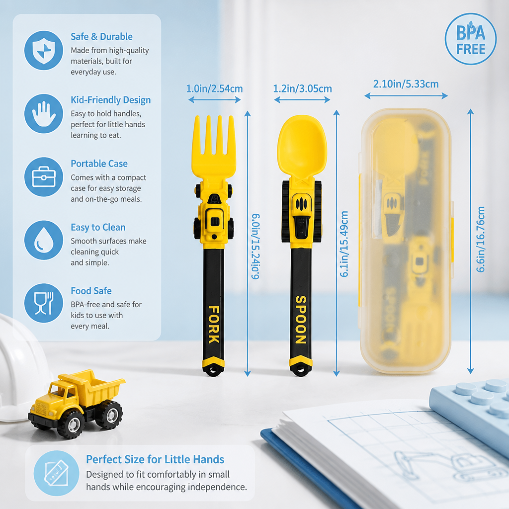 3-Piece Construction Vehicle Kids’ Utensil Set with Spoon, Fork & Travel Case