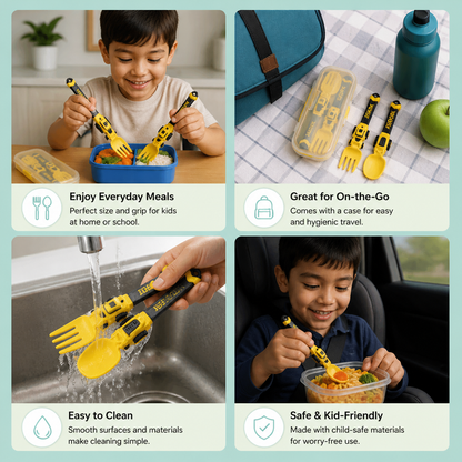3-Piece Construction Vehicle Kids’ Utensil Set with Spoon, Fork & Travel Case