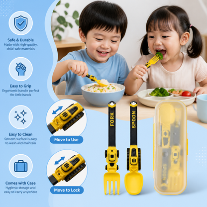 3-Piece Construction Vehicle Kids’ Utensil Set with Spoon, Fork & Travel Case