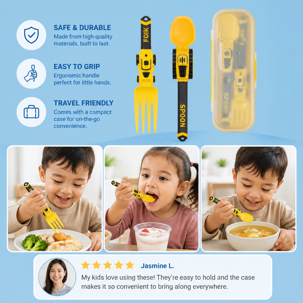 3-Piece Construction Vehicle Kids’ Utensil Set with Spoon, Fork & Travel Case
