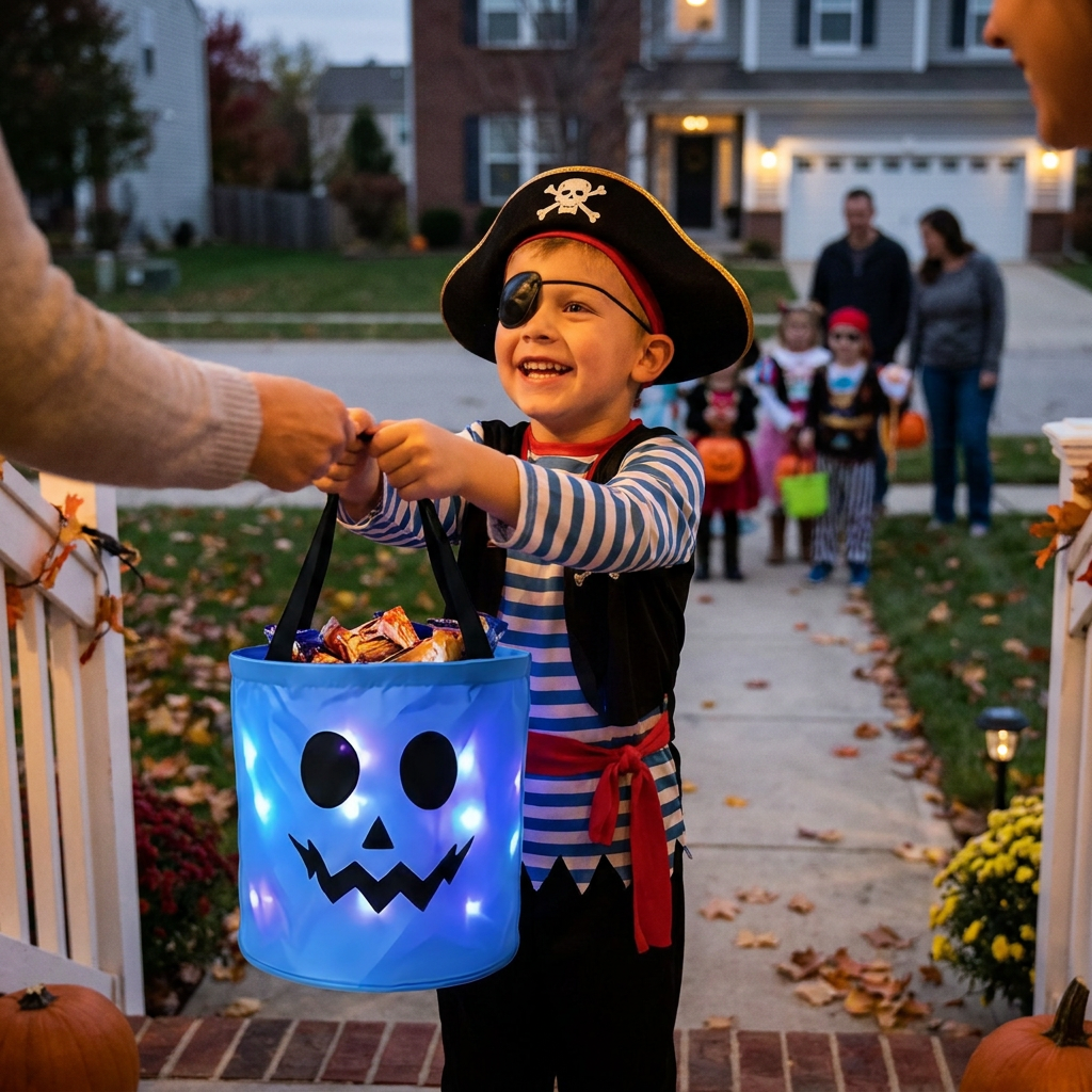 LED Halloween Trick-or-Treat Candy Bucket – Reusable Light-Up Tote Bag