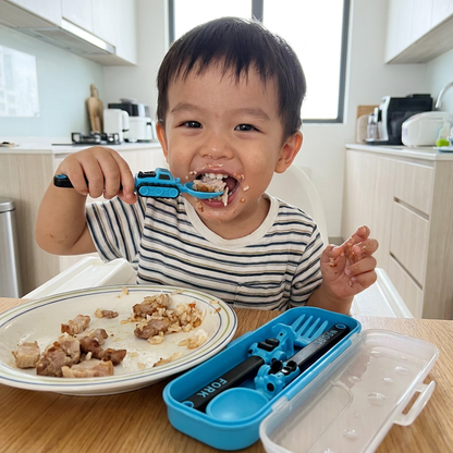 3-Piece Construction Vehicle Kids’ Utensil Set with Spoon, Fork & Travel Case