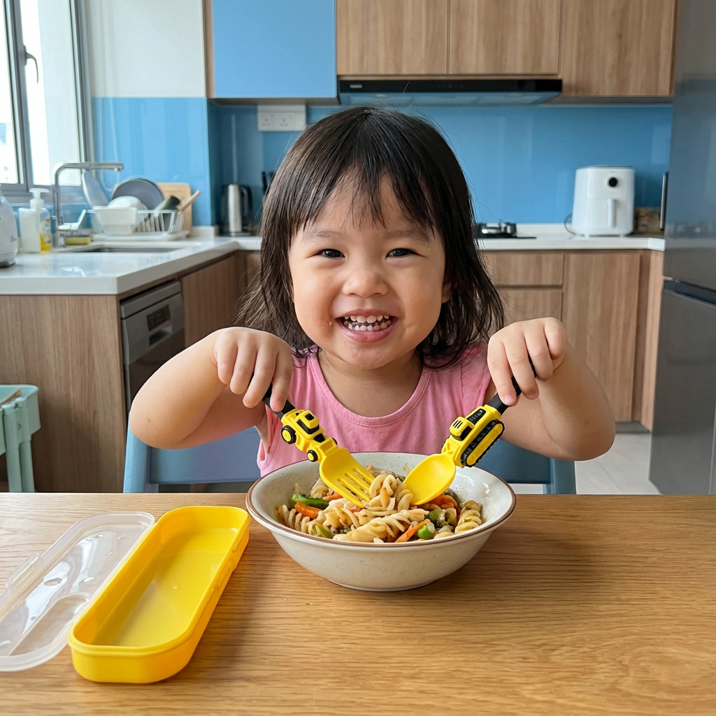 3-Piece Construction Vehicle Kids’ Utensil Set with Spoon, Fork & Travel Case
