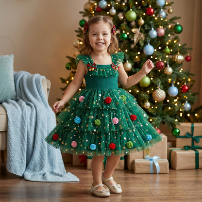 Girls’ Christmas Tutu Dress with Pom-Poms, Sequin Stars & Ruffled Sleeves