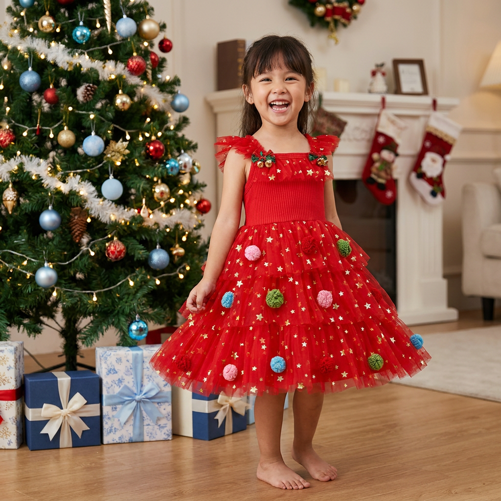 Girls’ Christmas Tutu Dress with Pom-Poms, Sequin Stars & Ruffled Sleeves