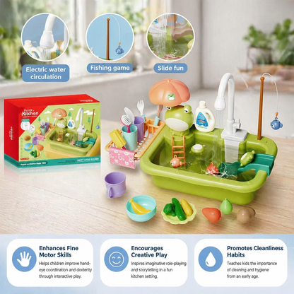 Kids Play Kitchen Sink Set with Running Water & Fishing Game