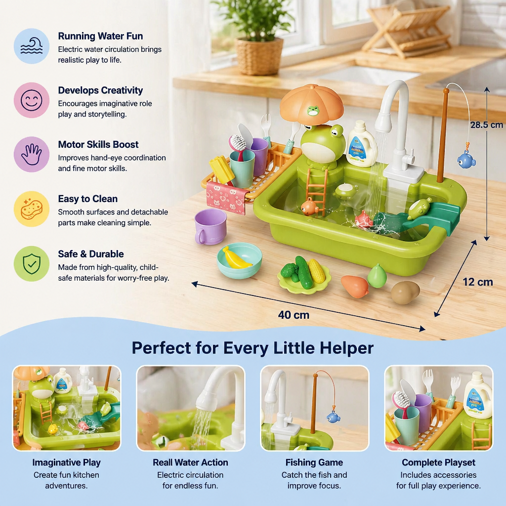 Kids Play Kitchen Sink Set with Running Water & Fishing Game