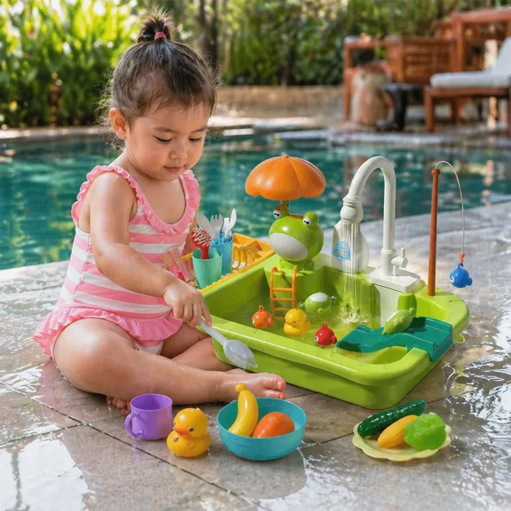 Kids Play Kitchen Sink Set with Running Water & Fishing Game