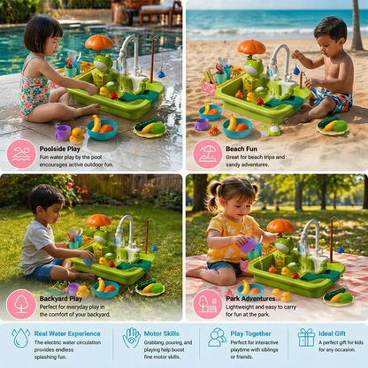 Kids Play Kitchen Sink Set with Running Water & Fishing Game