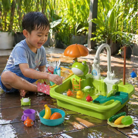 Kids Play Kitchen Sink Set with Running Water & Fishing Game