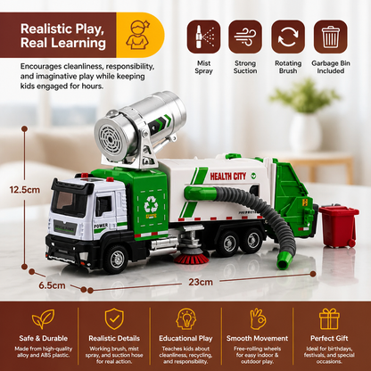 Die-Cast Street Sweeper Toy Truck with Vacuum Hose & Mist Spray