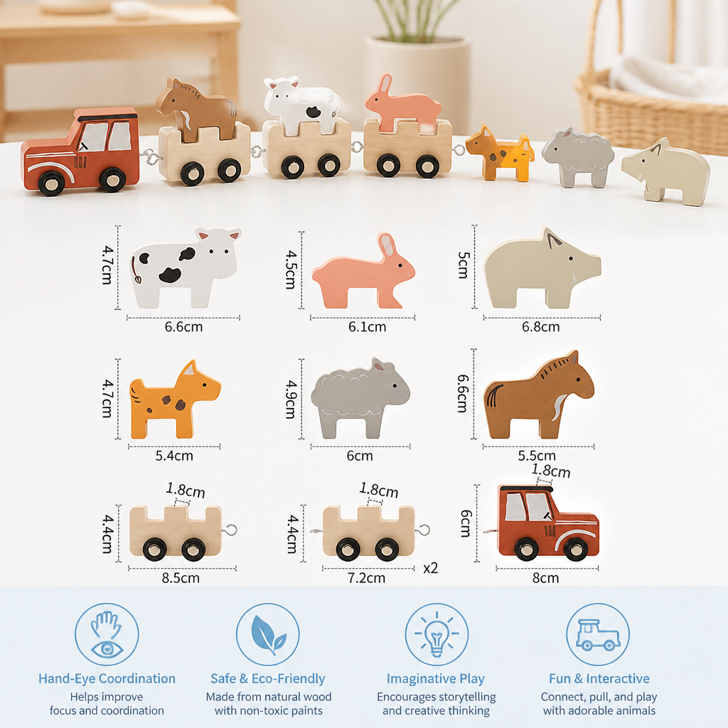 Wooden Farm Animal Train – Toy with Flexible Wheels for Children