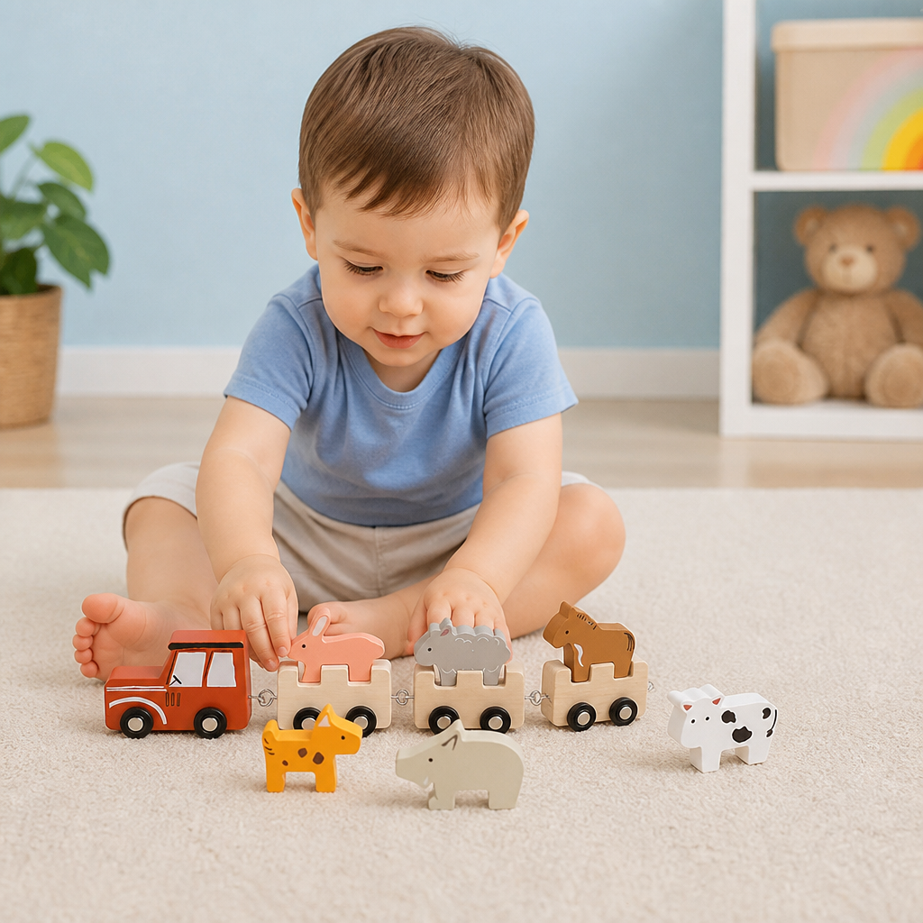 Wooden Farm Animal Train – Toy with Flexible Wheels for Children