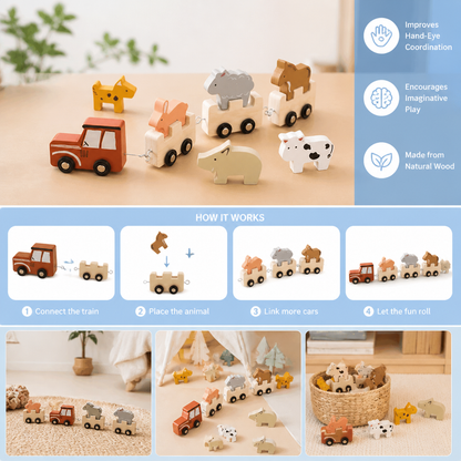 Wooden Farm Animal Train – Toy with Flexible Wheels for Children
