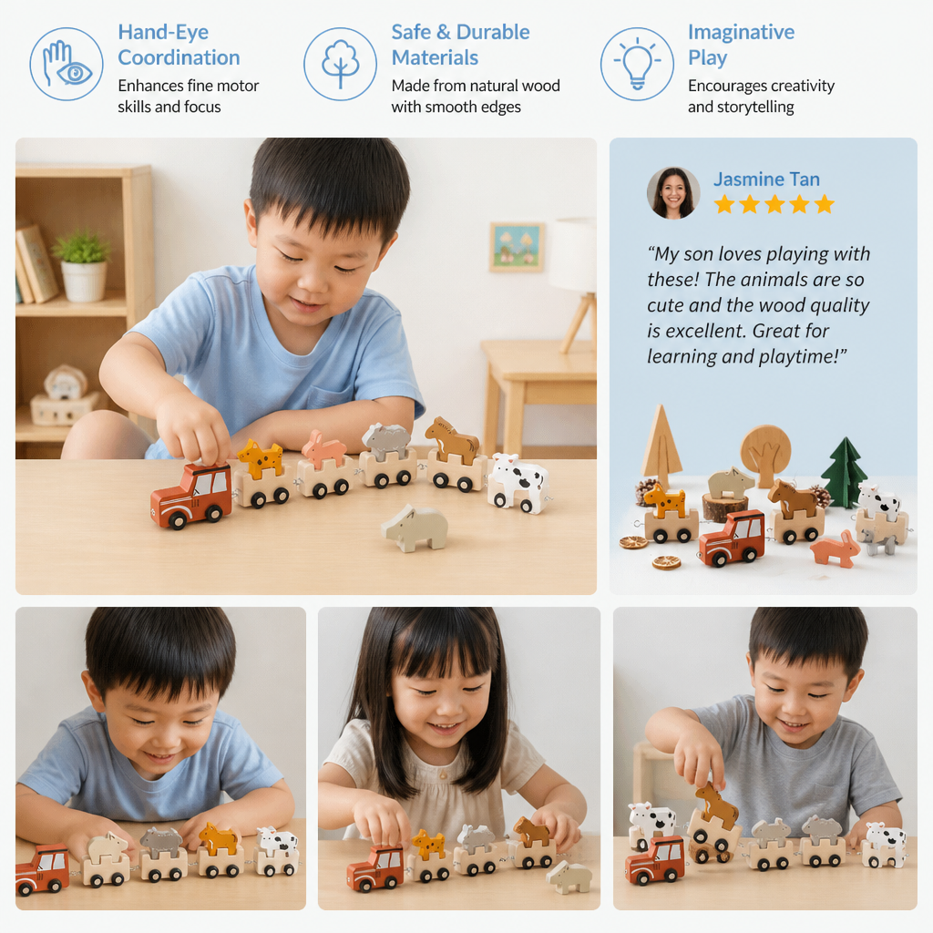 Wooden Farm Animal Train – Toy with Flexible Wheels for Children