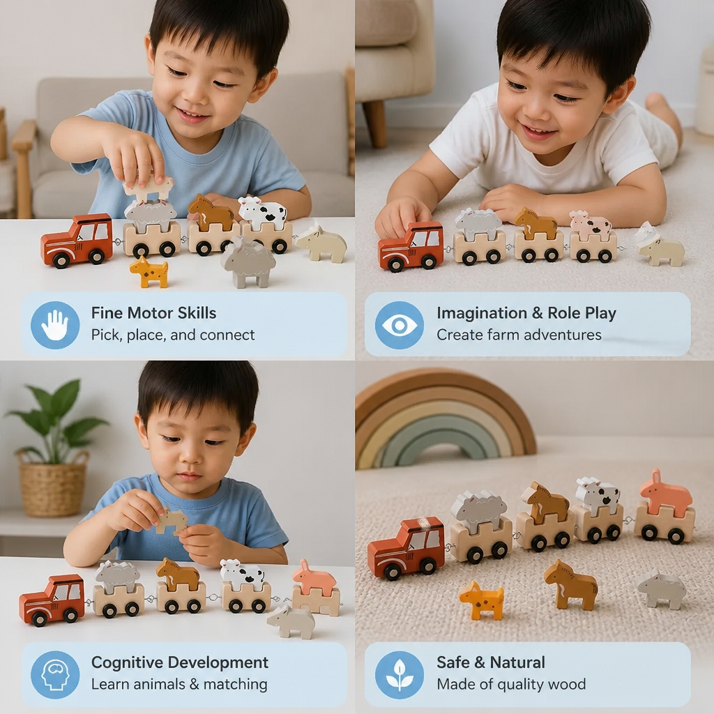 Wooden Farm Animal Train – Toy with Flexible Wheels for Children