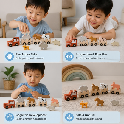 Wooden Farm Animal Train – Toy with Flexible Wheels for Children