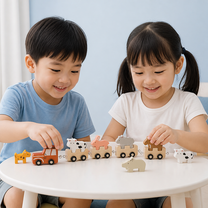 Wooden Farm Animal Train – Toy with Flexible Wheels for Children