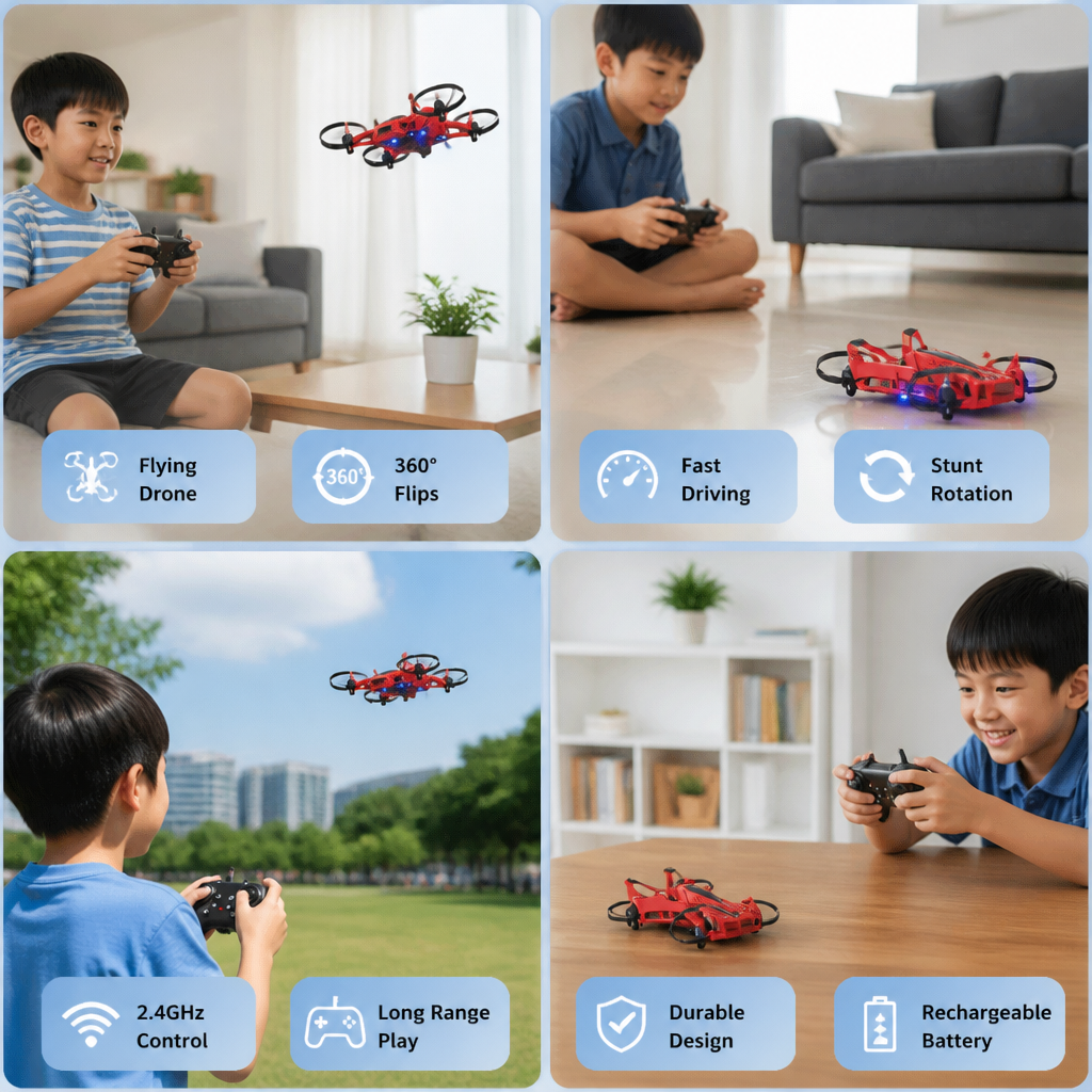 2-in-1 Remote Control Flying Drone & Stunt Racing Car