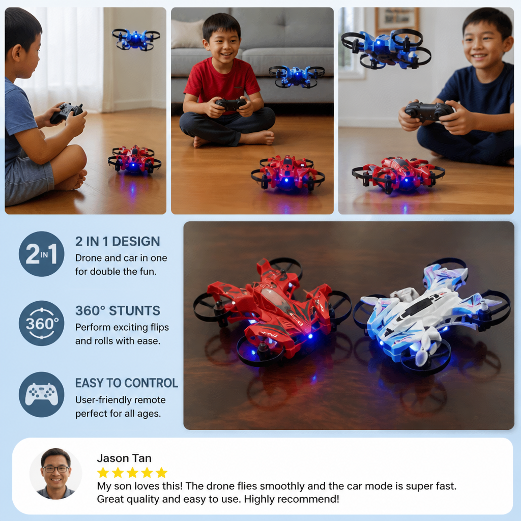 2-in-1 Remote Control Flying Drone & Stunt Racing Car