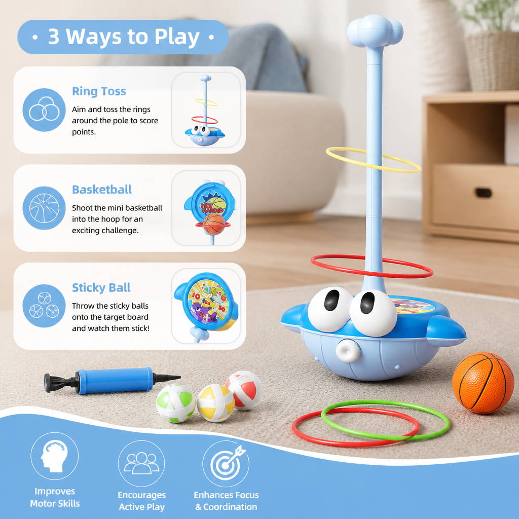 3-in-1 Educational Activity Game – Ring Toss, Basketball & Sticky Ball