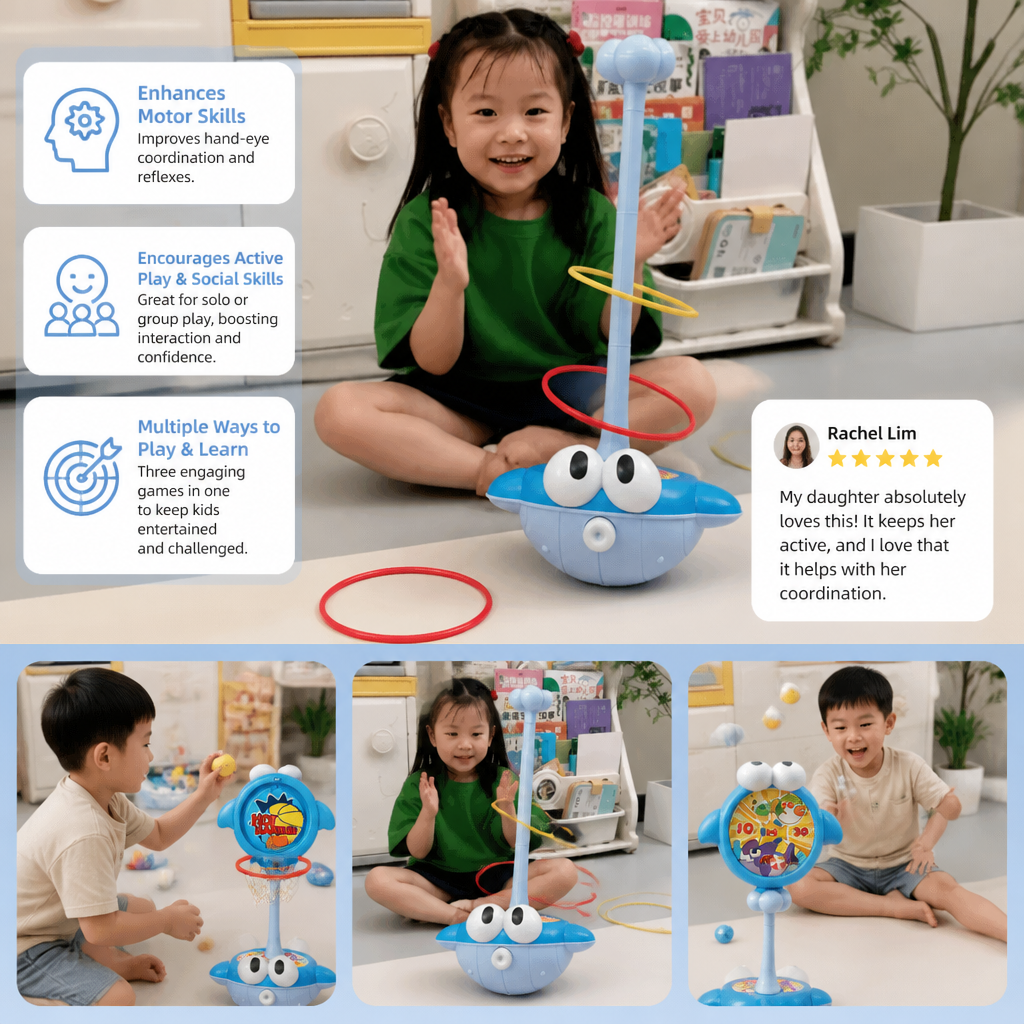 3-in-1 Educational Activity Game – Ring Toss, Basketball & Sticky Ball