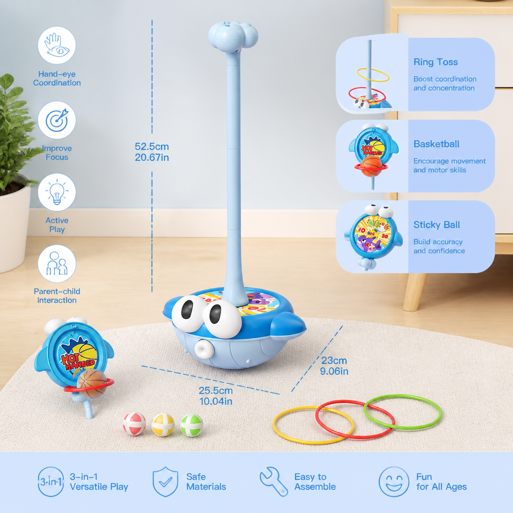 3-in-1 Educational Activity Game – Ring Toss, Basketball & Sticky Ball