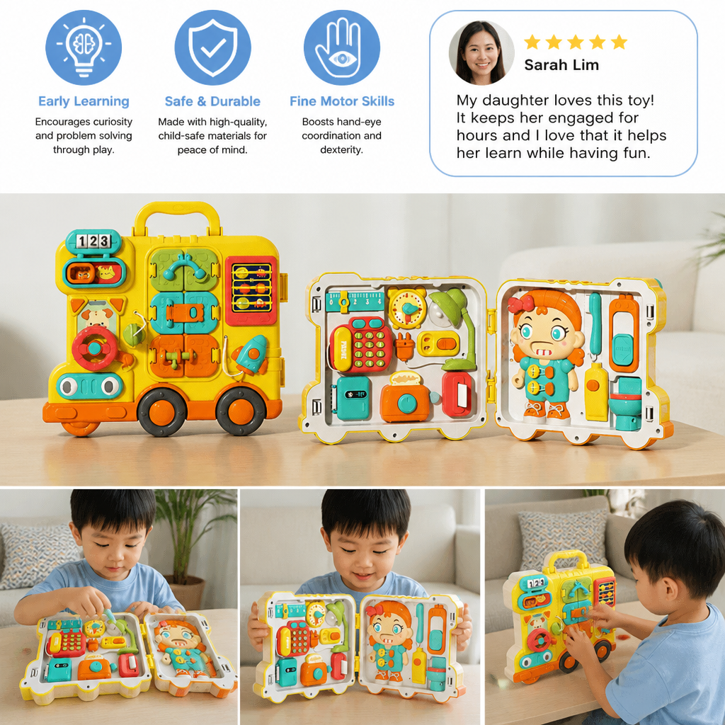 Kids Bus Busy Board Toy with Activities and Doll