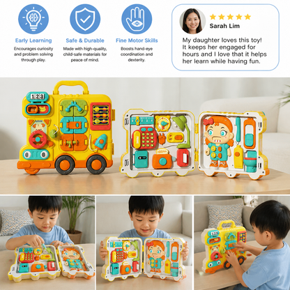 Kids Bus Busy Board Toy with Activities and Doll